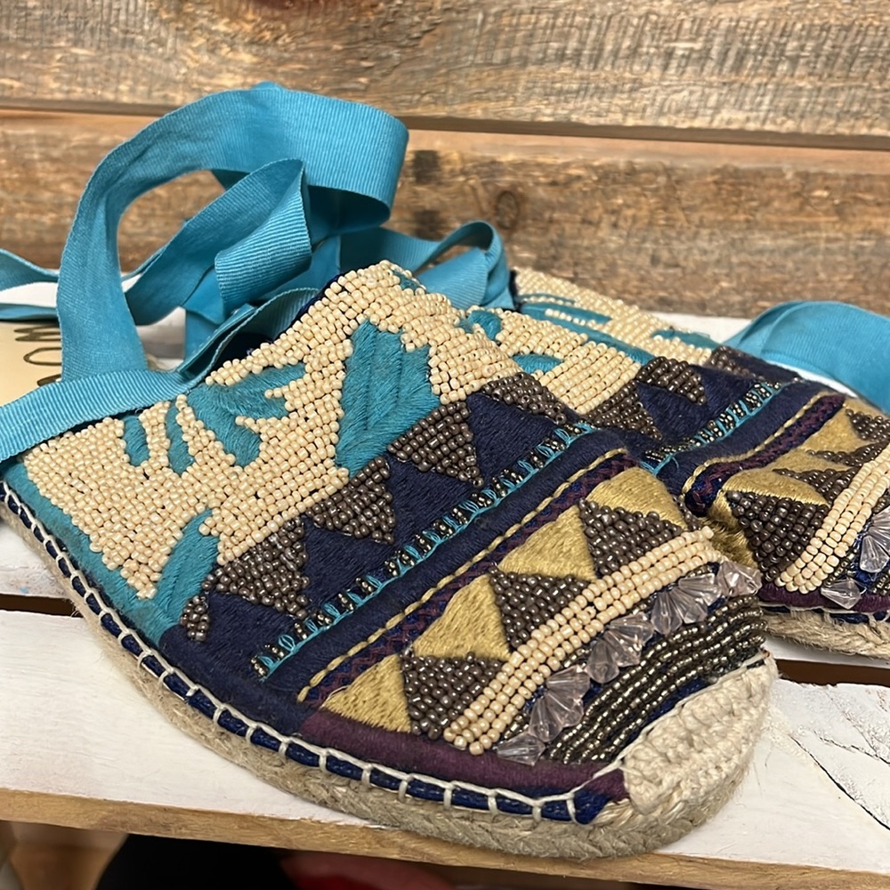 SAM EDELMAN Karolyn Beaded India Blue Lace-Up Espadrilles 9 - Picture 3 of 8